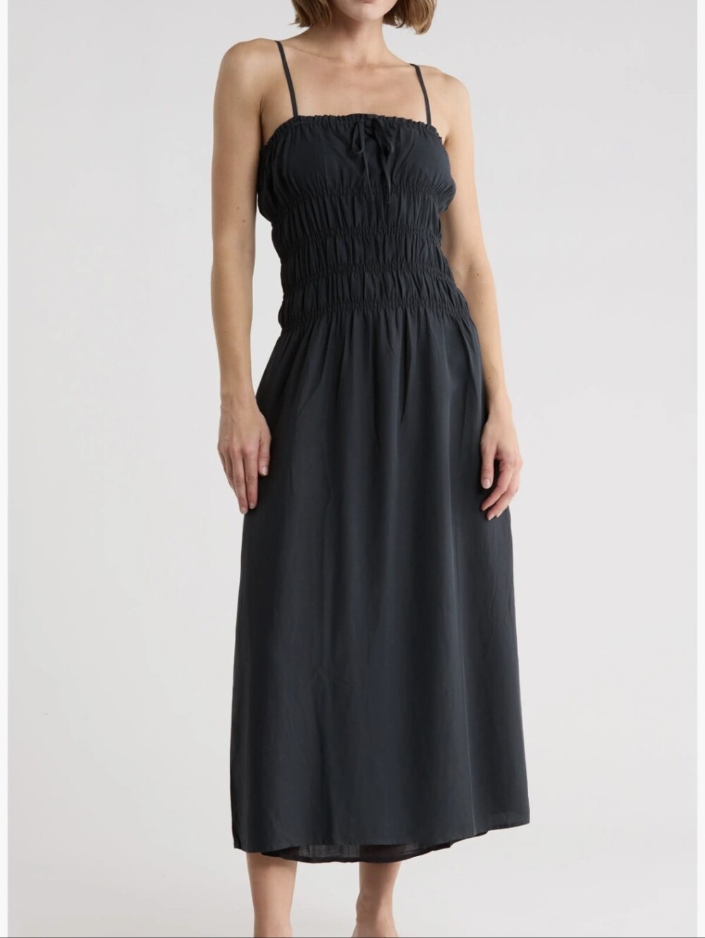 New Onia Shirred Sleeveless Adjustable Straps Linen Blend Black Midi Dress Large